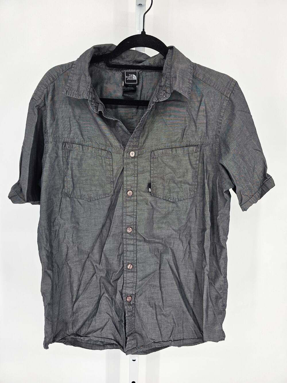 The North Face Mens Sz M Short Sleeve Button Up Shirt Gray Silver